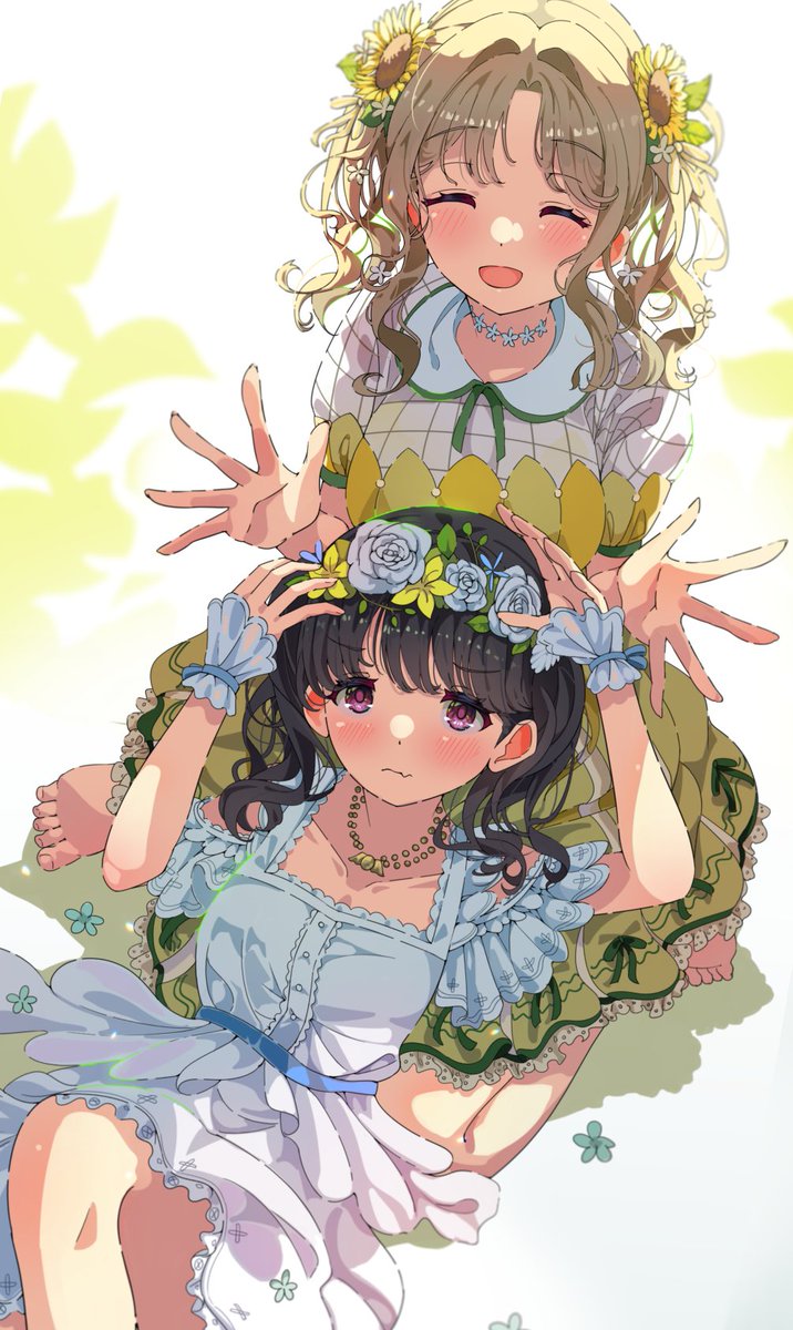 fukumaru koito ,ichikawa hinana multiple girls 2girls black hair dress twintails purple eyes hair ornament  illustration images