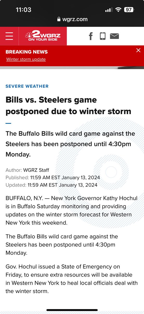 fvonrossum's tweet photo. INFORMACIÓN DE ULTIMA HORA 🌨️❄️ el partido ⁦@steelers⁩ vs ⁦@BuffaloBills⁩ se pospondría por instrucciones de la gobernadora de Nueva York por alerta de frío al lunes a las 3:30 pm. Estanos buscando mas información https://t.co/sM0KgU6HBv