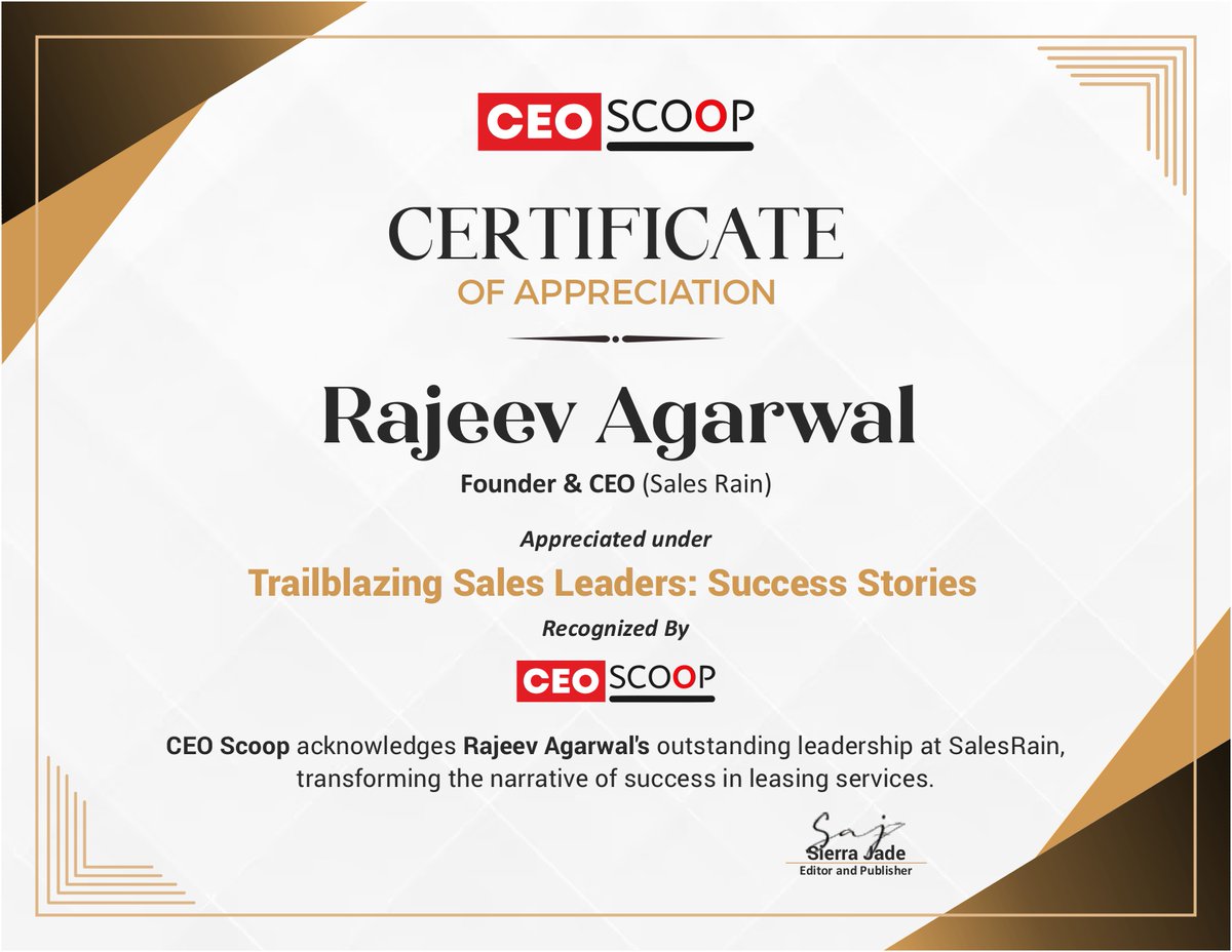 officalCEOScoop's tweet photo. Congrats to Rajeev Agarwal, CEO of @SalesRainInc  on receiving the CEO Scoop Certificate of Appreciation for reshaping leasing services with excellence! #CEO #SalesRain #leadership 
https://t.co/duKbGkkQGb https://t.co/66ax99EndD