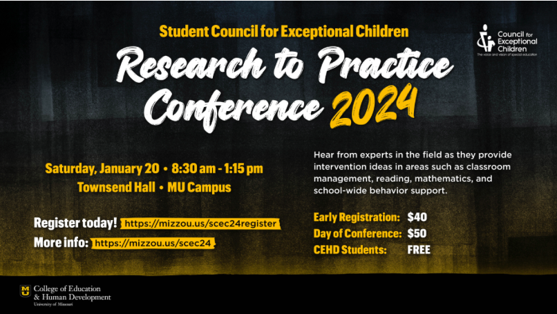 It's too cold to go out this weekend, so make plans to join us next weekend (1/20/24) at the Mizzou Research to Practice Conference! Check out all the sessions and register here: mizzou.us/scec24