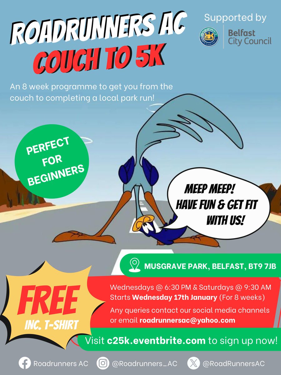 🏃‍♂️ Lace up your running shoes! 
🏃‍♀️ Join our Couch to 5K 8-week program 
👉starting on Wed, Jan 17th. 
Act fast – last remaining spots available for FREE! 🎉 #RunWithUs #Couchto5K #GetActive