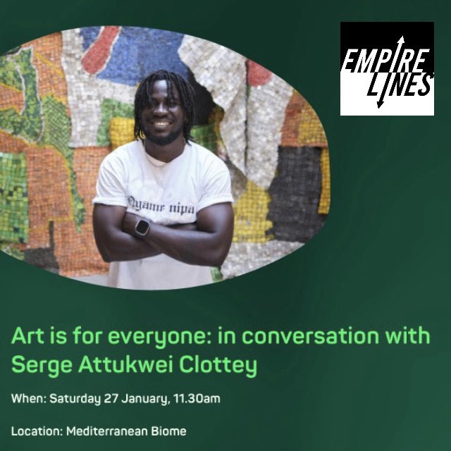 jelsofron's tweet photo. @EdenProject @eden_media_team and join EMPIRE LINES in conversation with artist Serge Attukwei Clottey at Reclaim, a weekend of talks and events at Eden, supporting mental and planetary wellbeing.

27-28 January 2024🌳
tickets and programme 🎟️https://t.co/piyzpGwGPT

part of the Acts of Gathering exhibition. https://t.co/hA1rzPYVGn