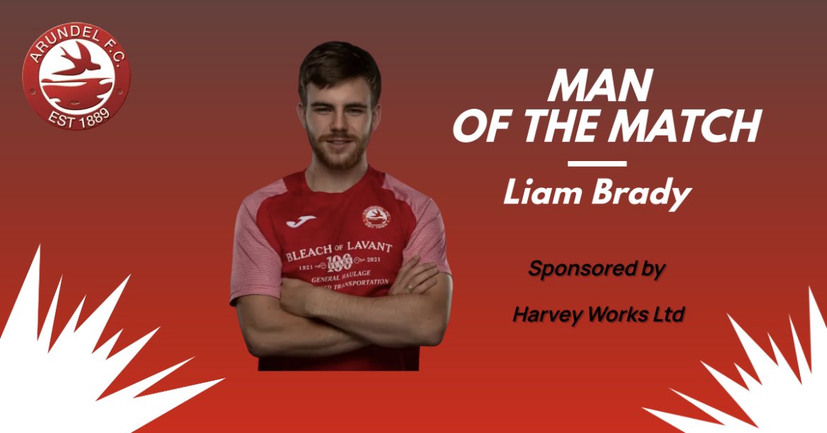 ArundelOfficial's tweet photo. Man of the Match for the Mullets is Liam Brady sponsored by Harvey Works Ltd 👏🏼👏🏼

A goal and assist (or 2 assists according to Daggers!) was impressive from the number 10 and he was influential throughout 👍🏼 Well played Brady! 👏🏻

#UpTheMullets 🔴⚪️
#TheRealSlimBrady https://t.co/c3nM0dq1rR