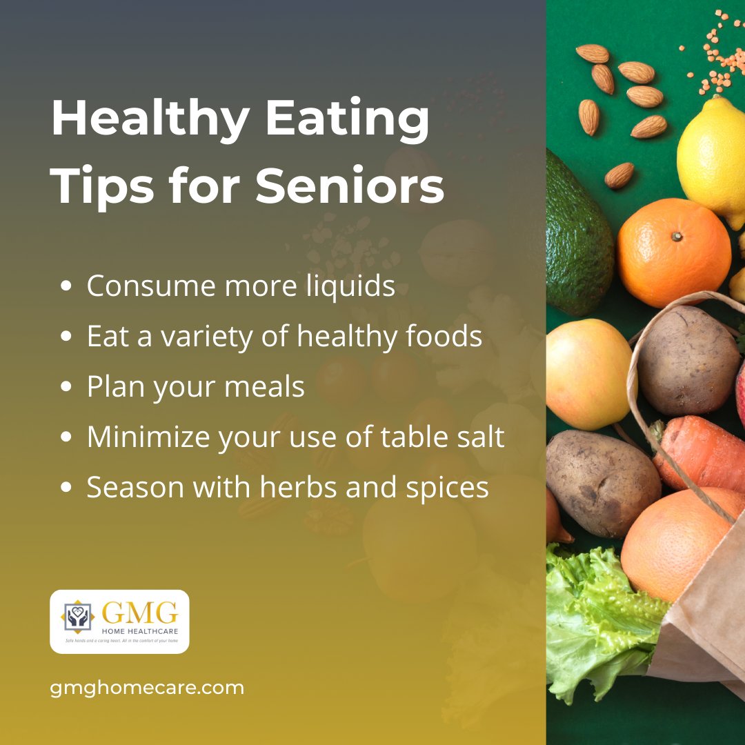 Promote long-term well-being as you age by adopting wise and healthy eating habits to support your overall health.

#stayhealthy #healthyhabit #foodchoice #elder #eatinghabit #homecare #feeding #GMGHomehealthcare #Homehealthcare #healthcare #homecare
