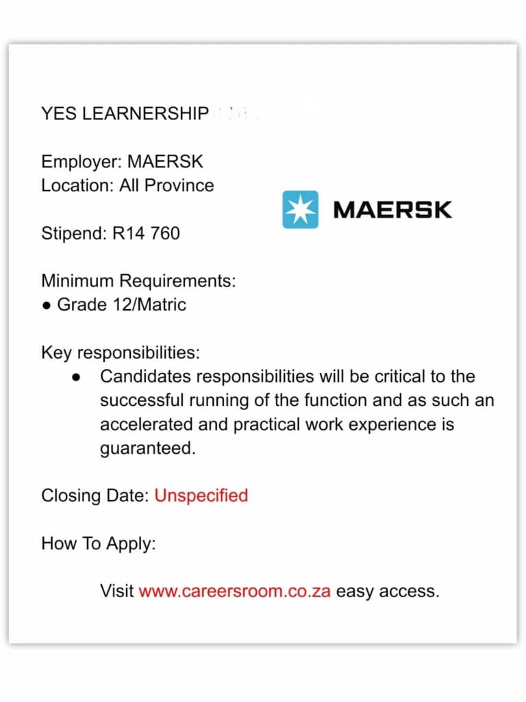 CarolBoitumelo1's tweet photo. 📌 YES Learnership 2024/2025 MAERSK

Stipend: R14 760 per month 

Minimum Requirements:
● Grade 12/Matric 
● No Experience 

 Apply Here: https://t.co/fJRBWFegDl https://t.co/QQ6UdLY9wh