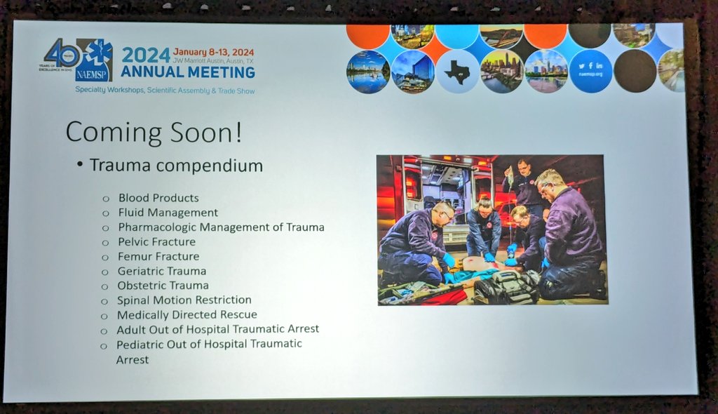 Joshua Stilley, MD FAEMS (@joshuastilley) on Twitter photo Trauma Compendium from NAEMSP coming soon. I can't wait! #NAEMSP2024 Trauma Compendium from NAEMSP coming soon. I can't wait! #NAEMSP2024