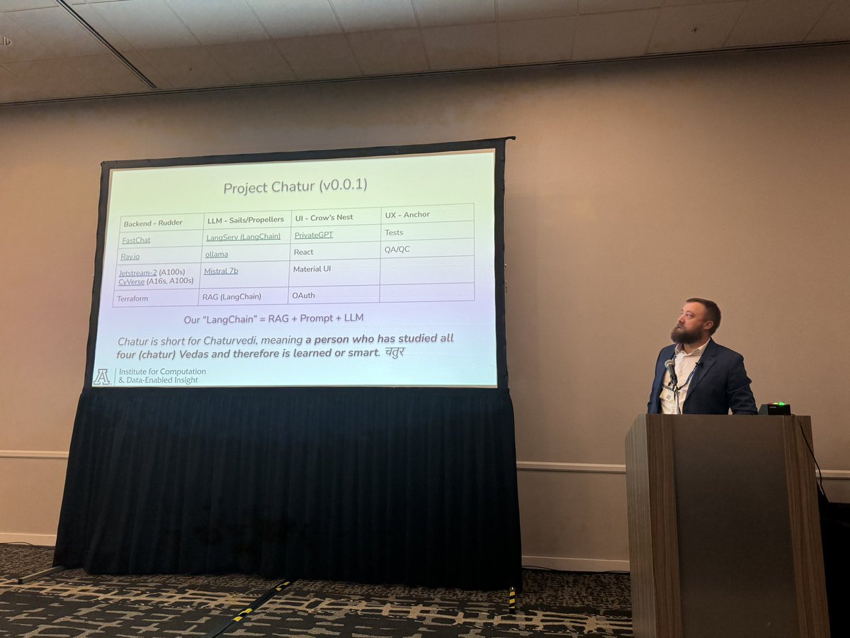 KeywanHP's tweet image. Very cool - The #CyVerse team presenting their #RAG LangChain approaches to build a custom chat bot for their students. 🤖 #PAG31