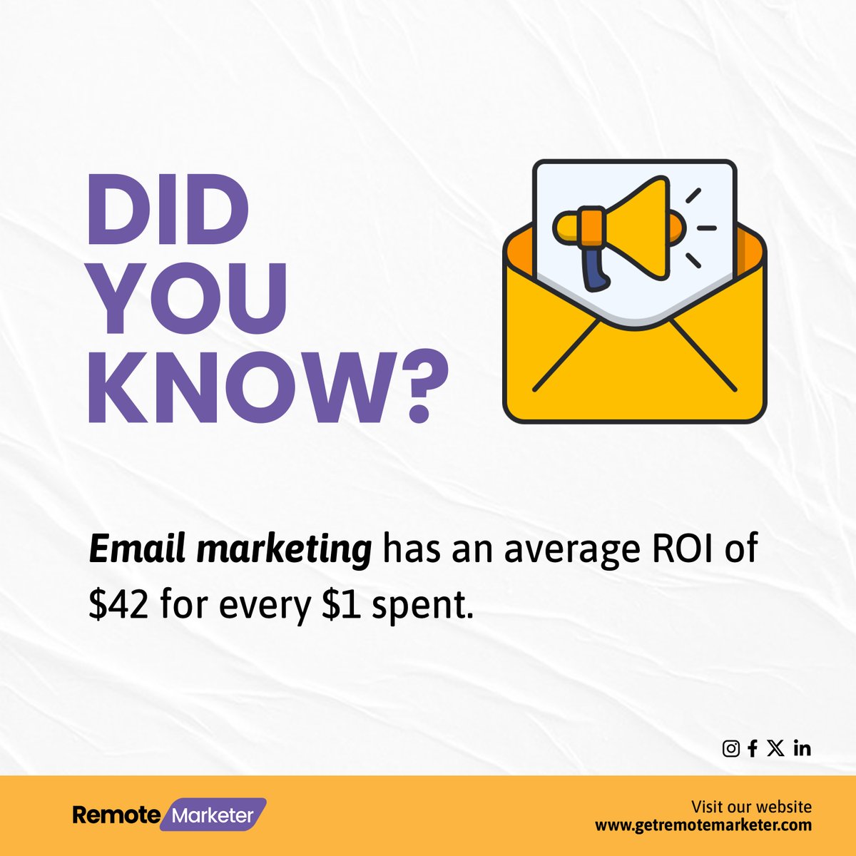 RemoteMarketer_'s tweet photo. Unleash the ROI Rocket! Did you ever imagine turning $1 into a whopping $42? That's the magic of email marketing! Let Remote Marketer be your magician, turning your campaigns into captivating spells! #ROI #RemoteMarketer #EmailMarketing #MarketingFacts https://t.co/uvZwYtwsMt