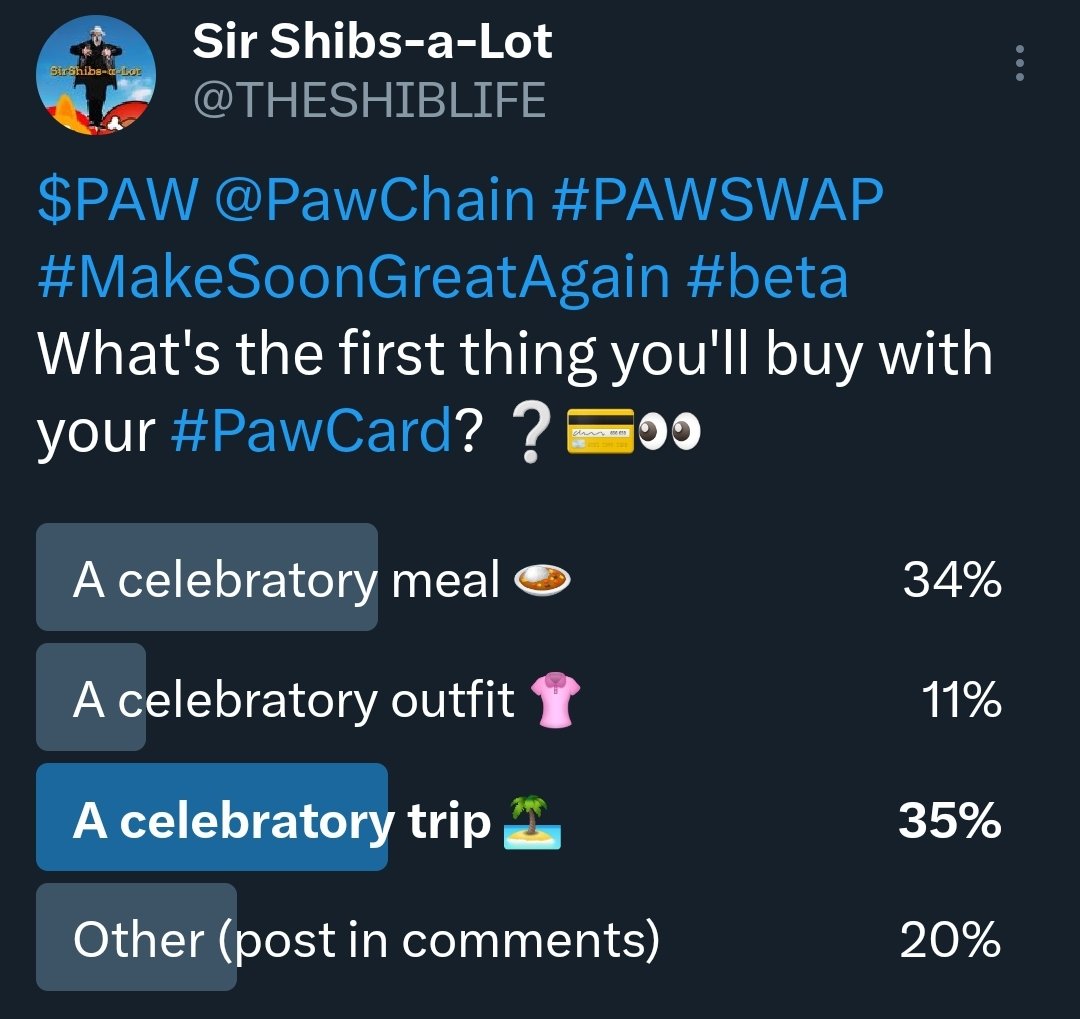 THESHILLLIFE's tweet photo. $PAW @framecommunity #PAWSWAP #MakeSoonGreatAgain #beta
It looks like taking a trip to celebrate #PAWCARD won the poll! π€©
Celebratory meal was a VERY close second. I hope you all enjoy the @theweeknd and using your cards! β¨π³π₯³ https://t.co/xKvB9aXXxt