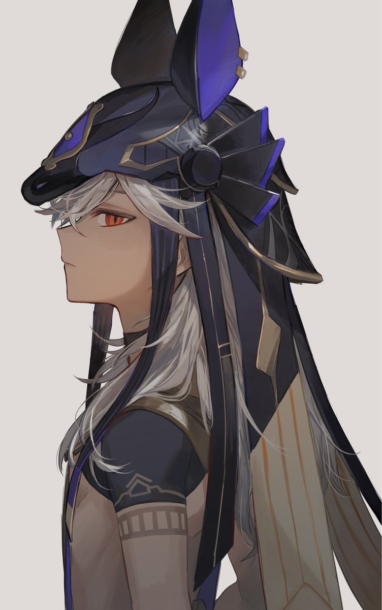 cyno (genshin impact) 1boy male focus solo long hair red eyes animal hat dark skin  illustration images