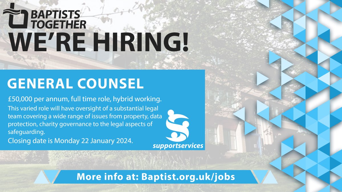 baptistuniongb's tweet photo. #Job
General Counsel
£50,000 per annum, full time role, hybrid working.  For more info visit: https://t.co/Q6IPFrNMVY
Is it time for you to apply your legal skills and experience to help and support our 2,000 Baptist Churches, Associations and Colleges? https://t.co/ti0coeafrx
