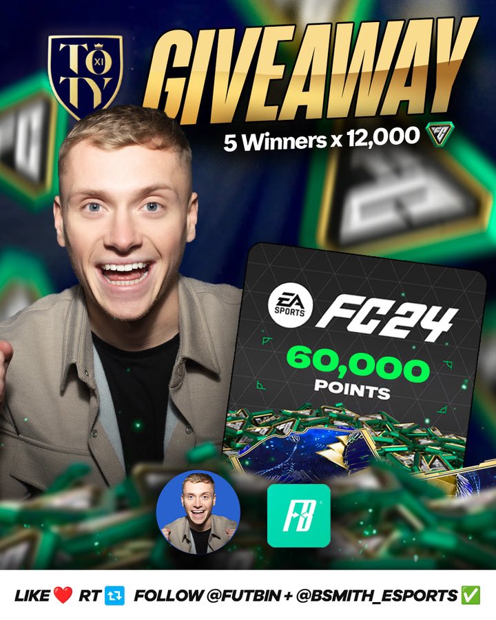 60,000 FC Point Giveaway🚨🤑 To celebrate TOTY in FC 24, we’re giving 5️⃣ lucky winners 12,000 FC Points 🙏🏻 To enter: - Like and RT this post 🔁 - Follow @FUTBIN - Follow @BSmith_Esports Good Luck!🤞
