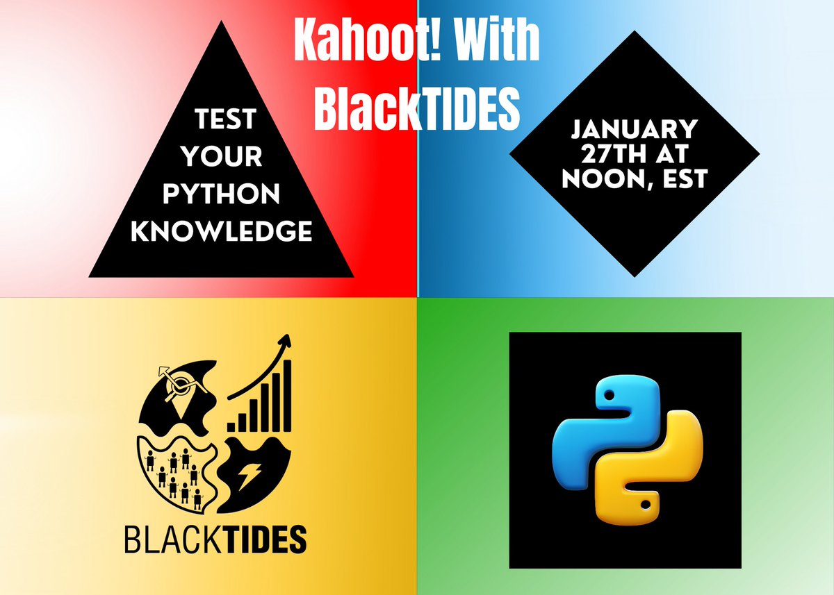 Welcome to a new year with BlackTIDES! 🎉 

Join us for exciting events & activities, starting with a Kahoot game on Python basics later this month!! 

Register today to test your basic Python knowledge and win prizes! 
eventbrite.com/e/764226380677… #BlackTIDES #BlkNData #Python