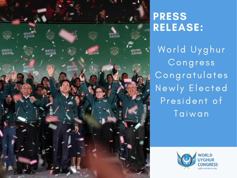 UyghurCongress's tweet photo. The @UyghurCongress extends heartfelt congratulations to the ruling party’s William Lai Ching-te on their resounding victory in the recent presidential election in 🇹🇼!

‘’Today’s election result is a great win for democracy in Asia. The people of Taiwan decided on their own political future and elected a leader that is not intimidated by China’’ said WUC President, @Dolkun_Isa. ‘’Uyghurs around the world celebrate this win.’’ 

https://t.co/GuJ0UvJcSI