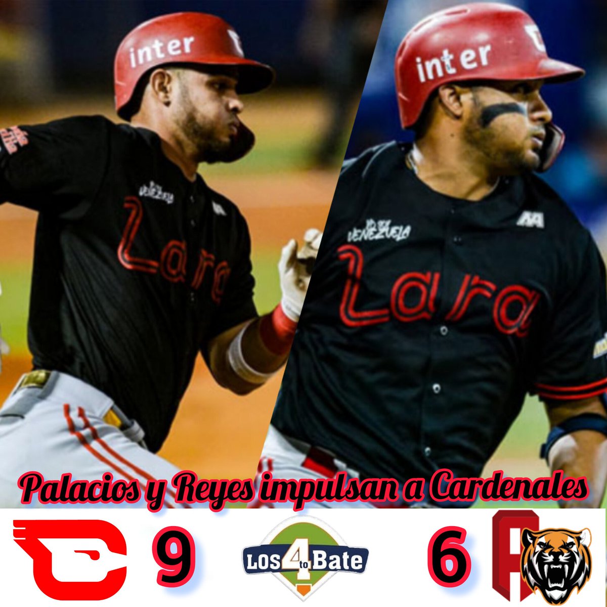 bate_los's tweet photo. @CardenalesDice anotó 5 carreras en la 5ta entrada liderados por Jermaine Palacios y @angelreyes30_, para tomar el control definitivo del juego y vencer ayer 9-6 a @TigresOficiales e igualar a los Leones en el 2do puesto del Round Robin.

Palacios sacudió de 4-3 con doble y 4CI. https://t.co/RVHrg2TyOk
