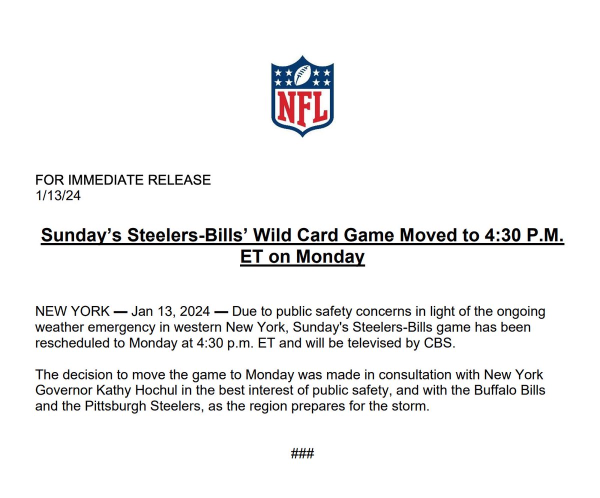 RNBWCV's tweet photo. 🚨 Das Playoff-Spiel Pittsburgh Steelers at Buffalo Bills (ursprünglich Kickoff am Sonntag um 19:00h) wurde „aufgrund von Bedenken hinsichtlich der öffentlichen Sicherheit angesichts des anhaltenden Unwetters“ auf Montag 22:30h deutscher Zeit verlegt, hat die NFL bekannt gegeben. https://t.co/s1vI7W4A65