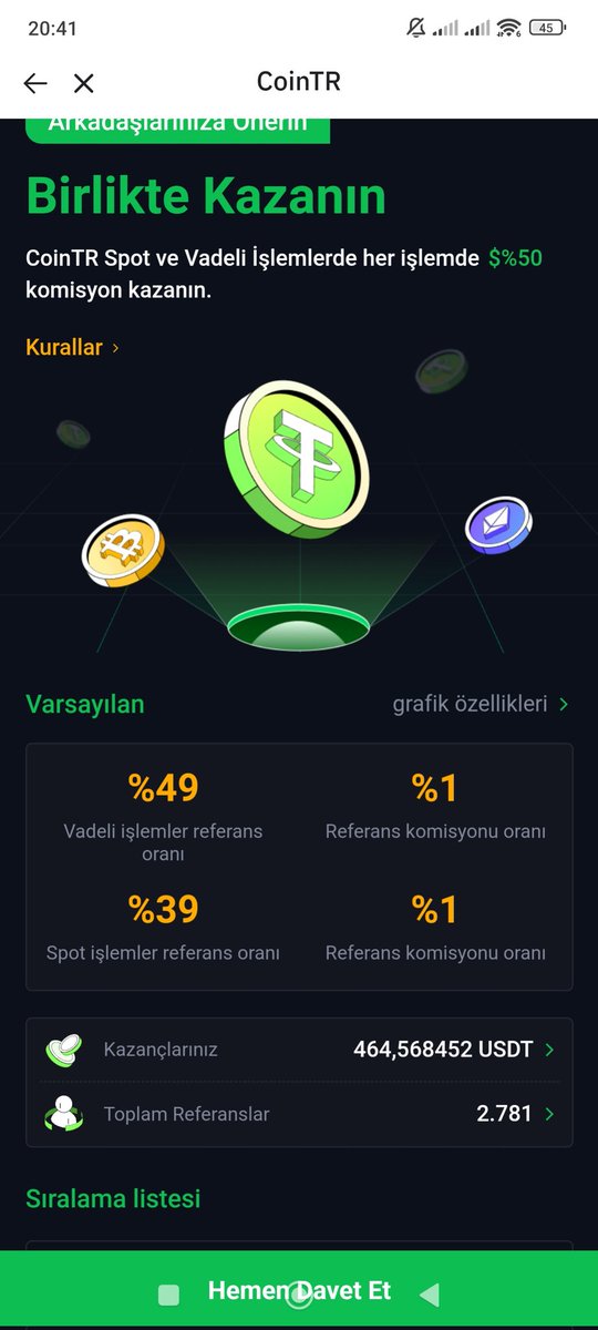 Burada biriken referans geliri benim için haksız kazanç. BENDEN COİN TR YE KAYIT OLMUŞ KİŞİLER COİN TR İD Sİ ve iban atsın yoruma bu 450 doları canlı yayında size atıcam 

Ayrıca 600 kişiye  3000 dolar ve bu usdt leri almak için buradan kayıt olup kyc doğrulamasi yapın :  yoruma