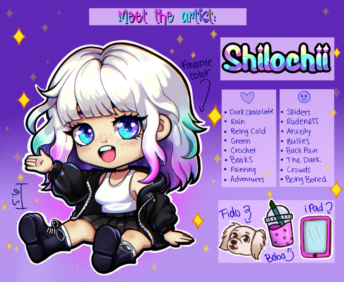 ✨Hiiii, I’m Shilo!✨
I’ve never done a meet the artist before!
Here’s a few things about me !

✨All socials and commission info —> linktr.ee/shilochii✨

I am an emote artist &amp; digital illustrator. I sometimes stream on twitch