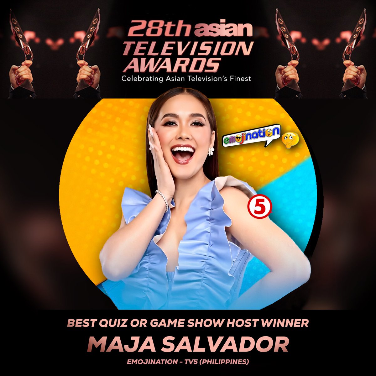 MajaStarvador's tweet photo. Maja Salvador is the winner for 
Best Quiz or Game Show Host at the 28th Asian Television Awards! 

Philippines, represent! 👏 https://t.co/s3LbkoqXNn