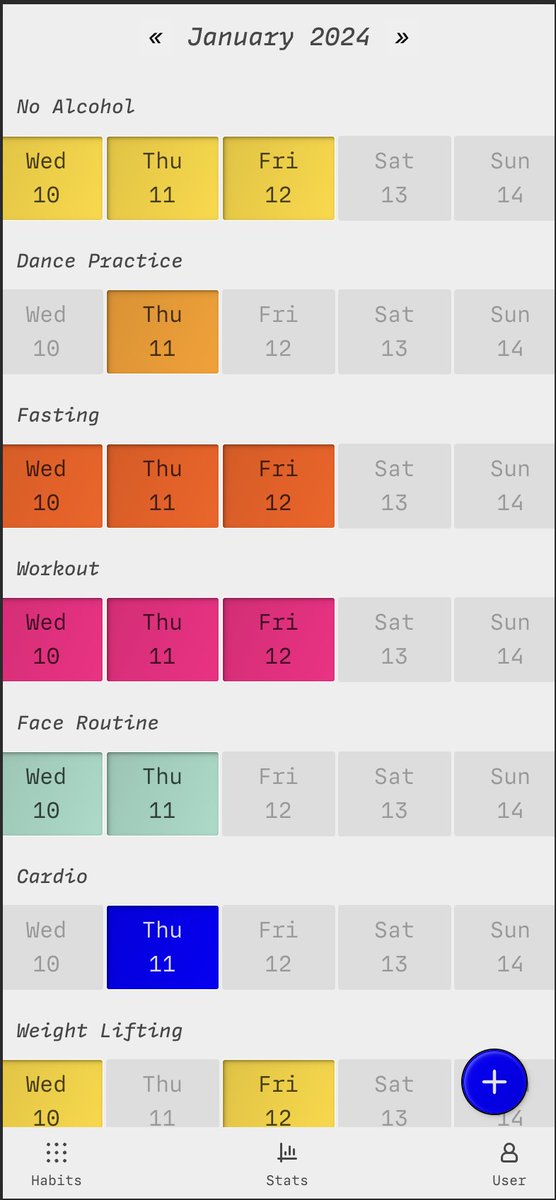 Put some work in on my habit tracker last night / this morning. Been using it for a couple of weeks now and really love the simplicity.

Really loving Svelte 5 &amp; Drizzle. Really lovely combination, lots of great dx flows with the new runes, events and snippets apis