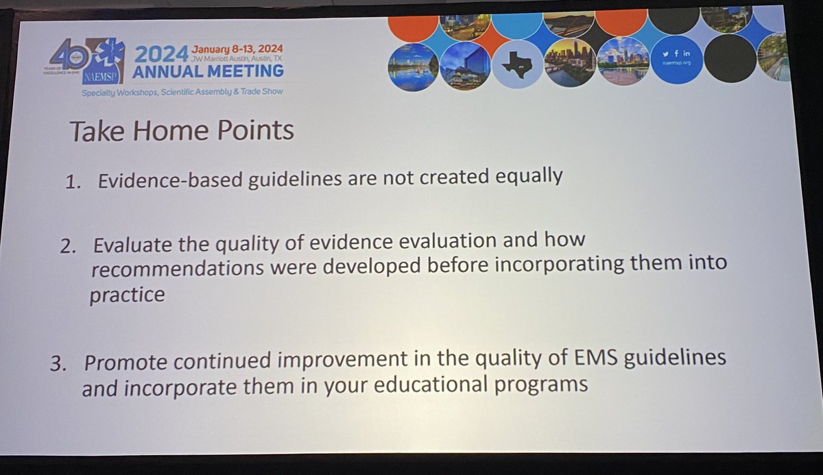 Christian Martin-Gill on becoming an informed consumer of prehospital guidelines at #NAEMSP2024 

How to write a good guideline in 6 steps…

5. Representatives from target population 
6. Open source so that end users can actually use. 

Go to PGC website for more info.