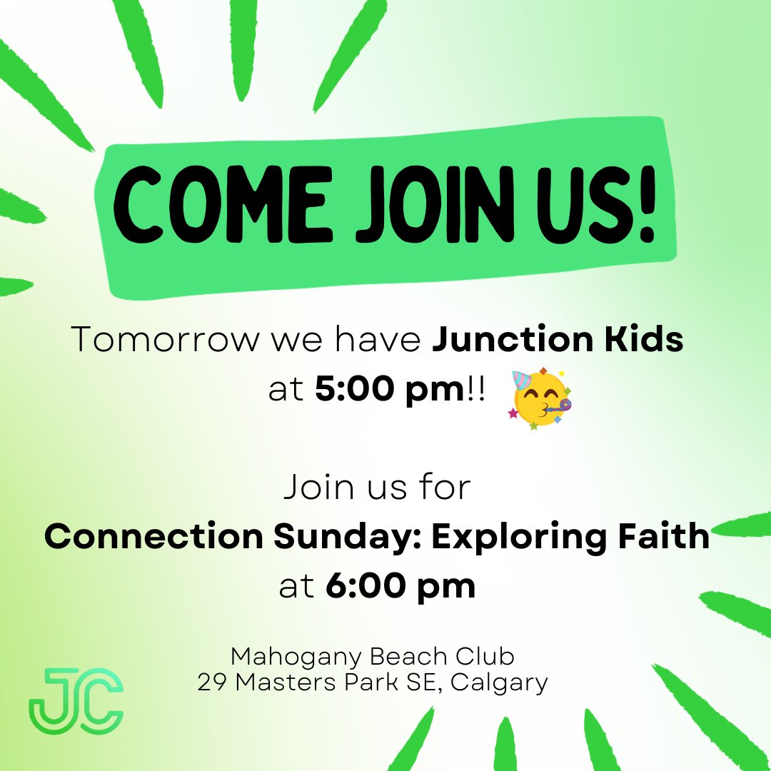 junctioncalgary's tweet photo. Tomorrow Junction Kids meets at 5pm at the Mahogany Beach Club! 🥳
Join us right after for Junction Church's Connection Sunday: Exploring Faith. We start at 6:00 pm and we'd love to see you there! #junctionchurchcalgary #wherelifemeetsfaith https://t.co/LLpCNT6cw1