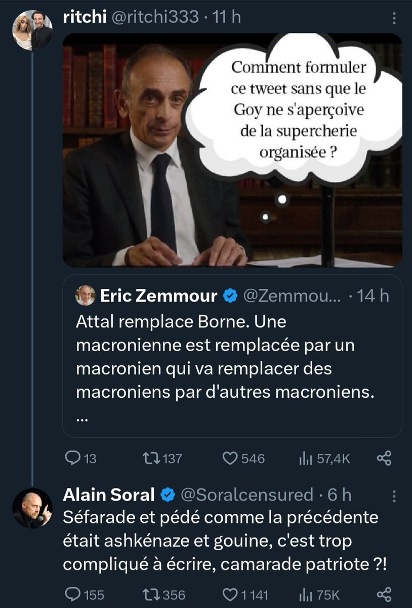 NonauRN's tweet photo. On a bcp parlé de la réponse de Alain Soral sur @GabrielAttal au tweet de la première image (cité dans l'article en lien) mais il y en a eu d'autres, dont une sur @GDarmanin, si ça peut aider certains à ouvrir les yeux sur ce sinistre personnage.
https://t.co/zh7BHWVf3U https://t.co/bKQ1QMWH06