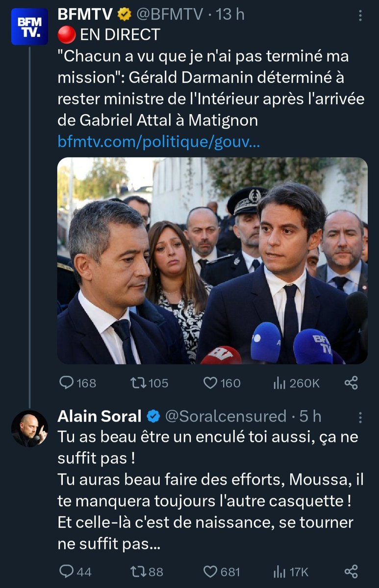 NonauRN's tweet photo. On a bcp parlé de la réponse de Alain Soral sur @GabrielAttal au tweet de la première image (cité dans l'article en lien) mais il y en a eu d'autres, dont une sur @GDarmanin, si ça peut aider certains à ouvrir les yeux sur ce sinistre personnage.
https://t.co/zh7BHWVf3U https://t.co/bKQ1QMWH06