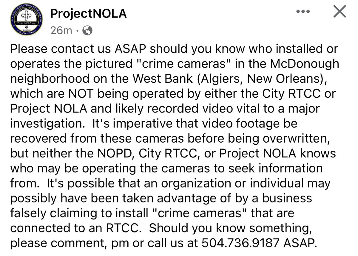 A message from @projectnola’s Facebook page regarding video needed from the West Bank and potentially fake crime cameras.

Photos in thread. 🧵