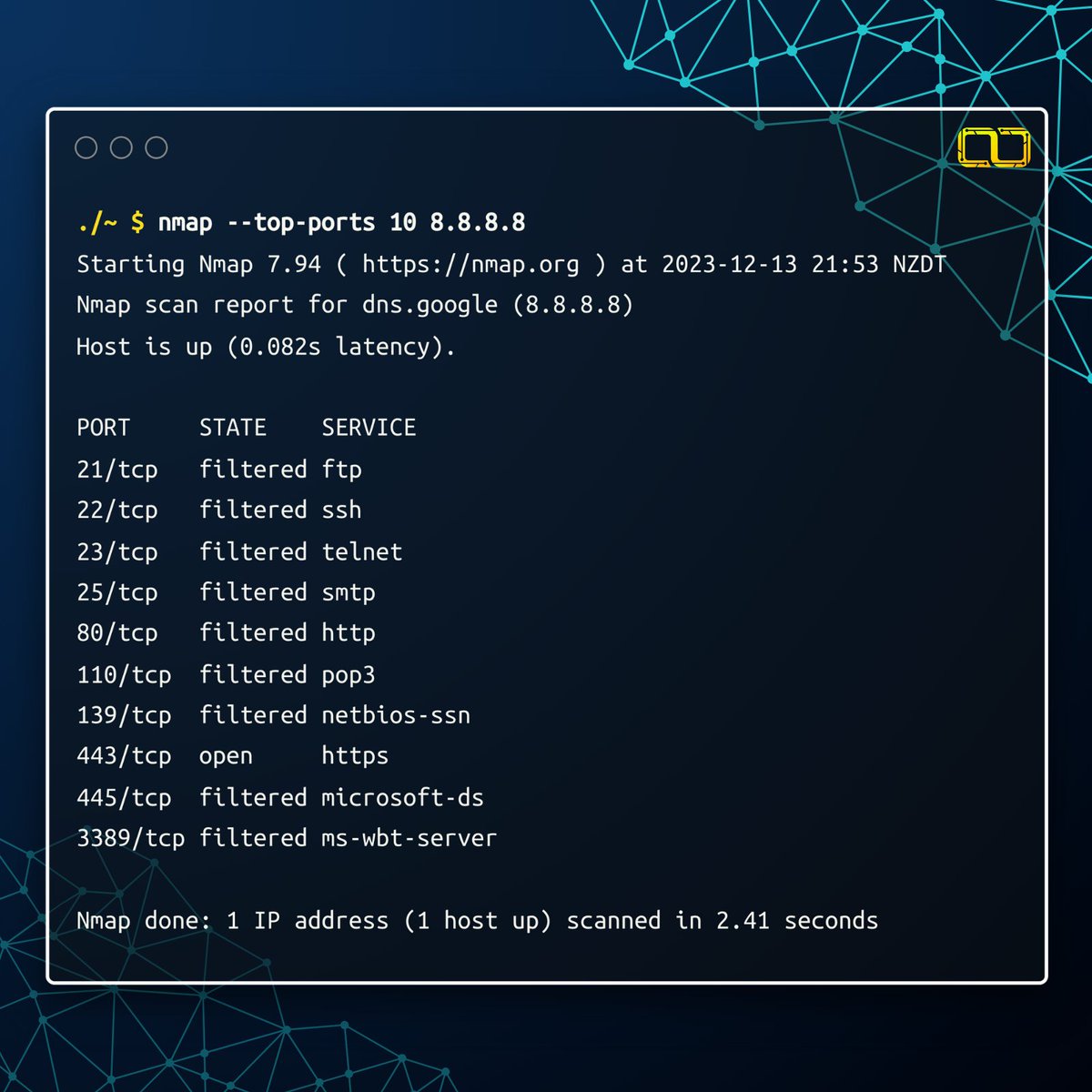 TheCyberCoop's tweet photo. Use Nmap's --top-ports option to scan the <number> most common ports!

This is how you scan the 10 most common ports 👇 https://t.co/4fXM9HEWfS