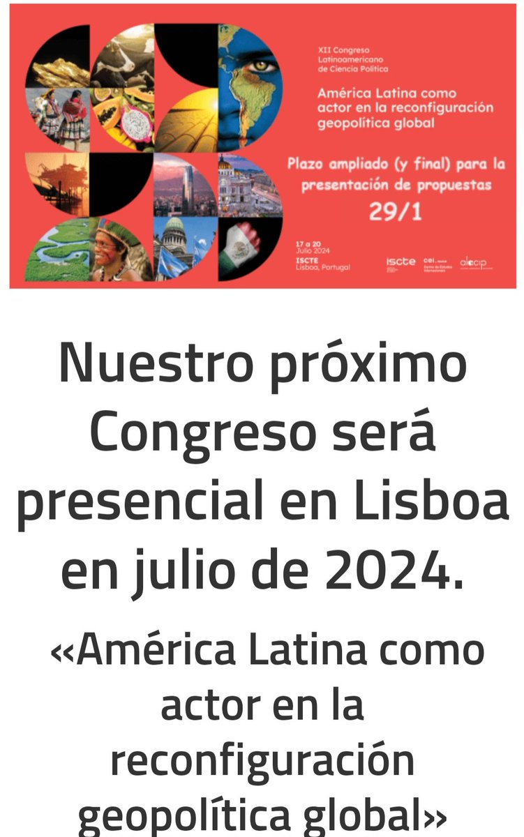 Extensión del plazo para envío de propuestas de ponencias al
XII Congreso <a href="/ALACIP_oficial/">ALACIP</a> -  "América Latina como actor en la reconfiguración geopolítica global" ISCTE Lisboa 2024 #CienciaPolítica 
Más info en alacip.org/?p=44456