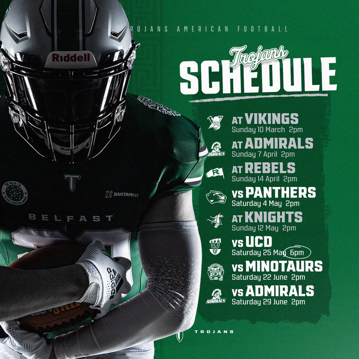 BelfastTrojans's tweet photo. 🚨 TROJAN NATION, here is our FULL @a_f_ireland 2024 Premier Division Schedule! 🔥

Eight games against the best teams in Ireland 🤝

Four games at HOME as we #DEFENDDERAMORE 🛡️

…&amp; one extra special Saturday night game against UCD 🎆

⚔️🏈

#RaiseUp https://t.co/VK58gXWjZS