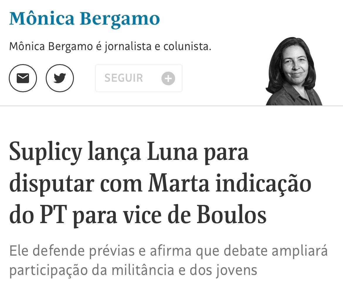 Recebo com muita honra e orgulho, mas surpresa, a indicação do meu querido companheiro <a href="/esuplicy/">Eduardo Suplicy</a> para que compusesse a chapa do nosso pré-candidato <a href="/GuilhermeBoulos/">Guilherme Boulos</a>

(1/10)

www1.folha.uol.com.br/colunas/monica…