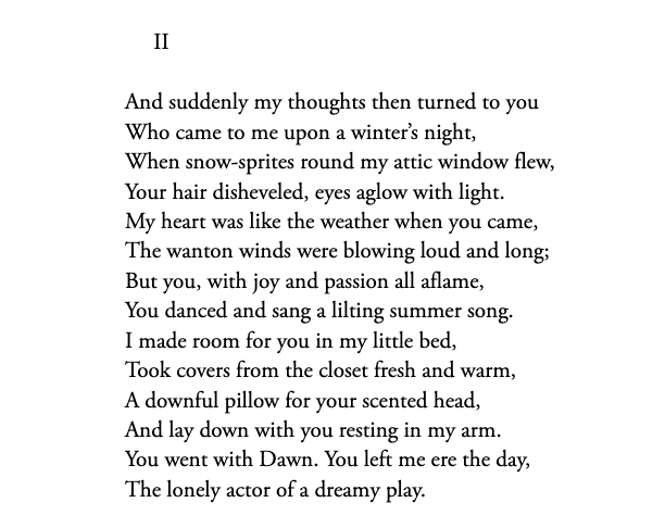 MayaCPopa's tweet photo. "You left me ere the day,
the lone actor in a dreamy play."

From "The Snow Fairy" by Claude McKay: https://t.co/OiNoNPLJMb