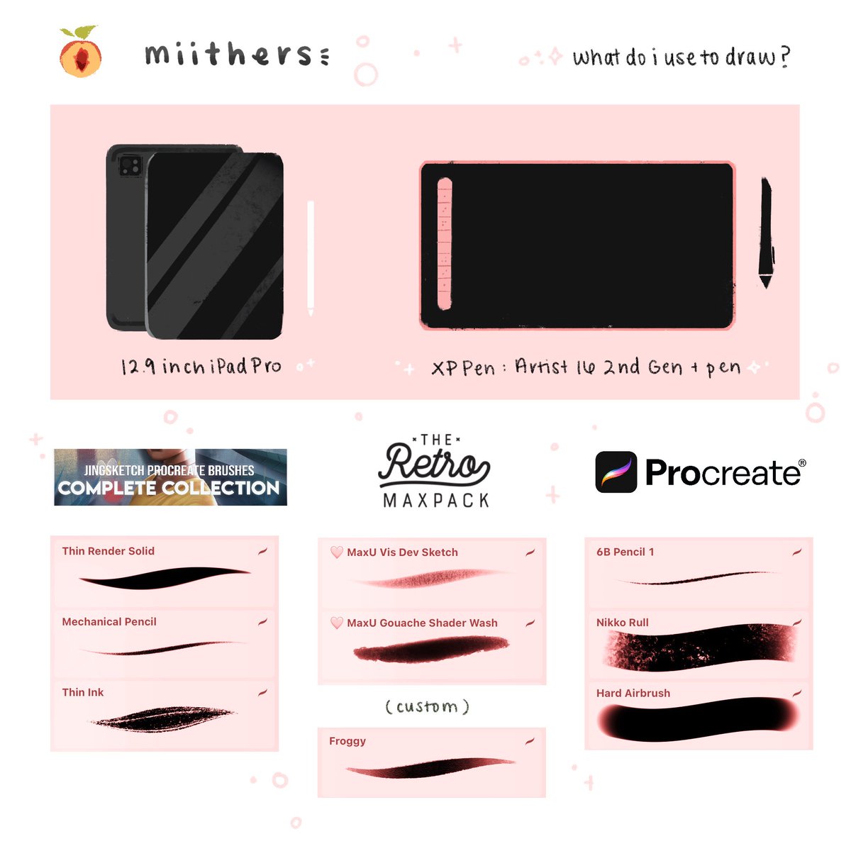miithers's tweet photo. people always ask me what brushes and things i use! here’s an updated run-down and what packs i bought them from. you can also find a “brush” highlight on my instagram, or at the end of any instagram post!
#artist #brushes #resources #nogatekeepinghere https://t.co/bxRnjYWsxo