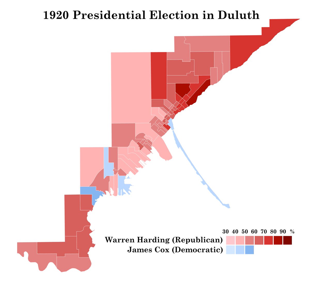 s0phistry's tweet image. Never before seen! The 1920 Presidential election in Duluth and the Iron Range. Harding won thanks to strong results from middle/upper class voters and mining towns. Cox did better in working class and railroad towns. Debs did best in logging towns.
