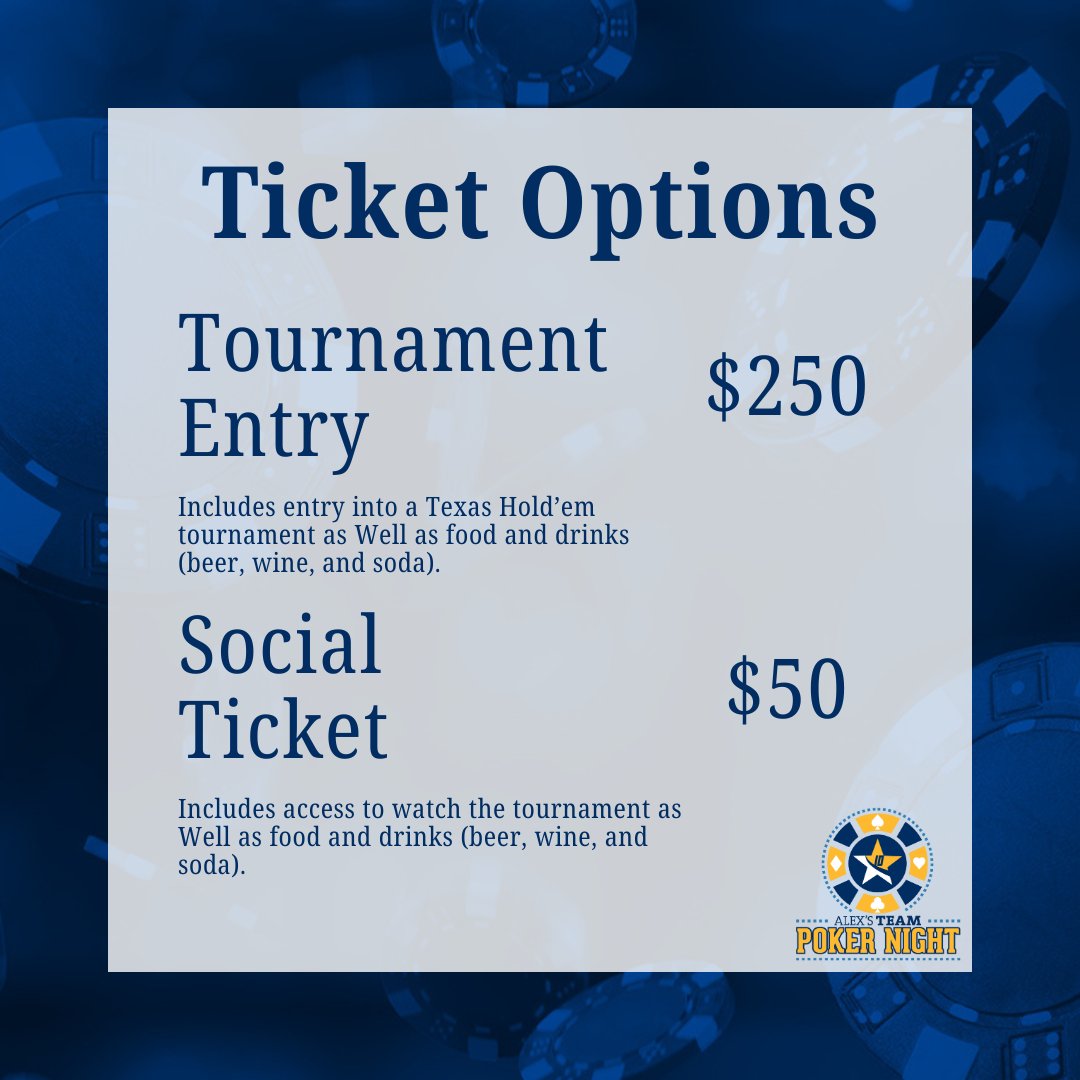 Alexs_Team's tweet photo. Join us on Thursday, February 29th, for our First Annual Poker Night! Play your hand for a good cause as we raise funds to support Alex’s Team Foundation with a Texas Hold’em tournament. We also have social tickets available. Learn more on our website: https://t.co/zf7DXxjIao https://t.co/MdChrLJxmJ