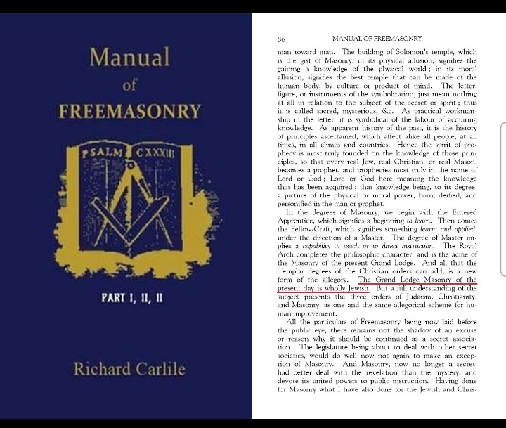 'They have also an executive chief, whose position is filled by a man named Medico, a Roman Jew, who is the successor of Mazzini (and Pike).' The True Witness, Nov. 21, 1894 'The Grand Lodge Masonry of the present day is wholly Jewish.' Manual of Masonry Credit Josh Dexx