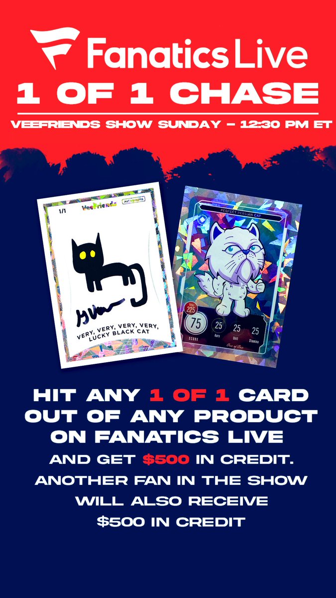 🚨$1,000+ GIVEAWAY!🚨

Announcing the VeeFriends Sunday Spectacular! Tomorrow at 12:30 PM ET! 

In partnership with <a href="/fanaticslive/">Fanatics Live</a>,
EVERY SINGLE 1/1 pulled will trigger a $500 Break Credit giveaway to the OWNER of the card, PLUS $500 Credit GIVEN AWAY TO THE CHAT! $1,000 Giveaway