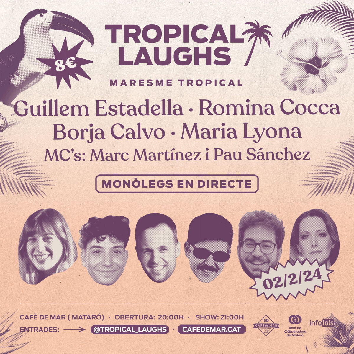 CafedeMarEC's tweet photo. Any nou, nom nou! El Baix for Laughs Maresme Tropical es converteix en el Tropical Laughs, el show mensual de comèdia en directe al Cafè.

El divendres 2 de febrer arrenquem amb Guillem Estadella, Romina Cocca, Borja Calvo i Maria Lyona, presentat per Marc Martínez i Pau Sànchez. https://t.co/qYj8Ofmm4f
