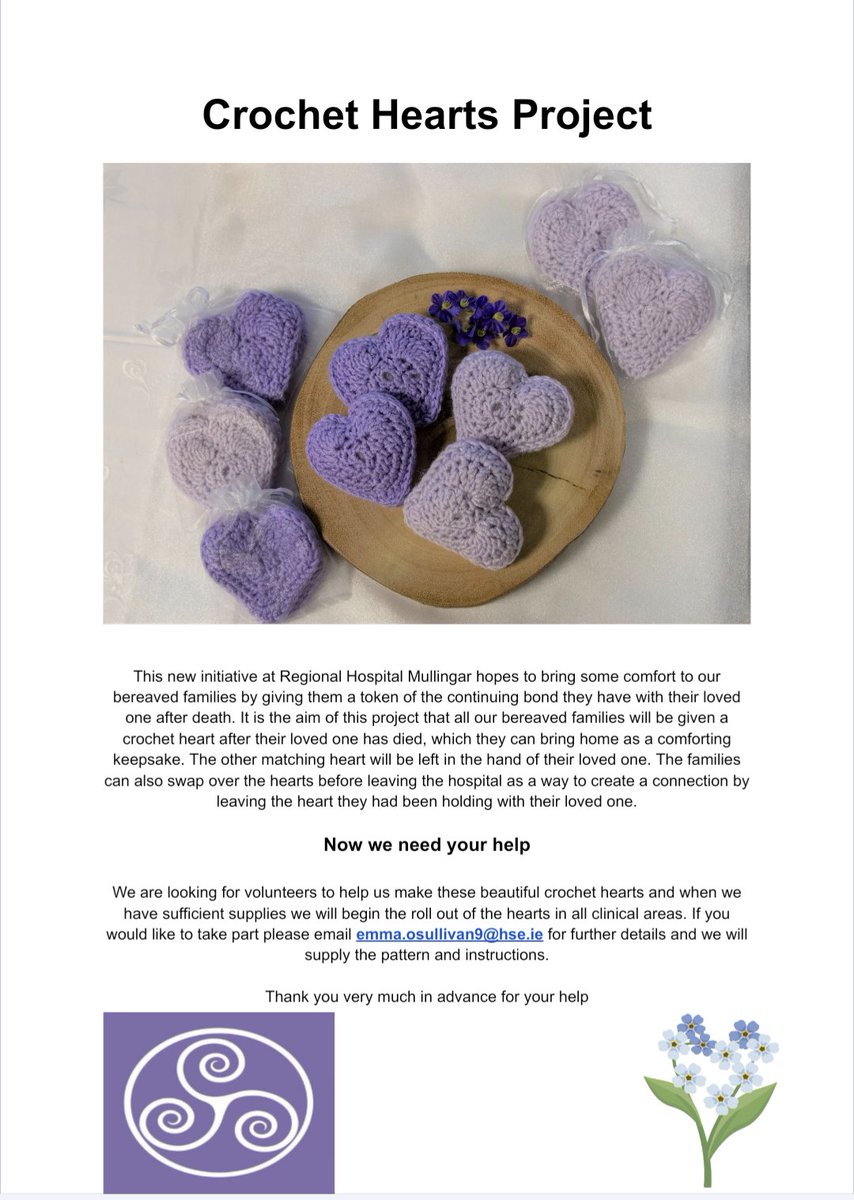 Would you like to take part in a crochet project & help out Regional Hospital Mullingar 💜💜 We hope this new initiative will bring comfort to our bereaved families so if you'd like to join our little army of volunteer crocheters please get in touch. Thanks so much in advance 💜