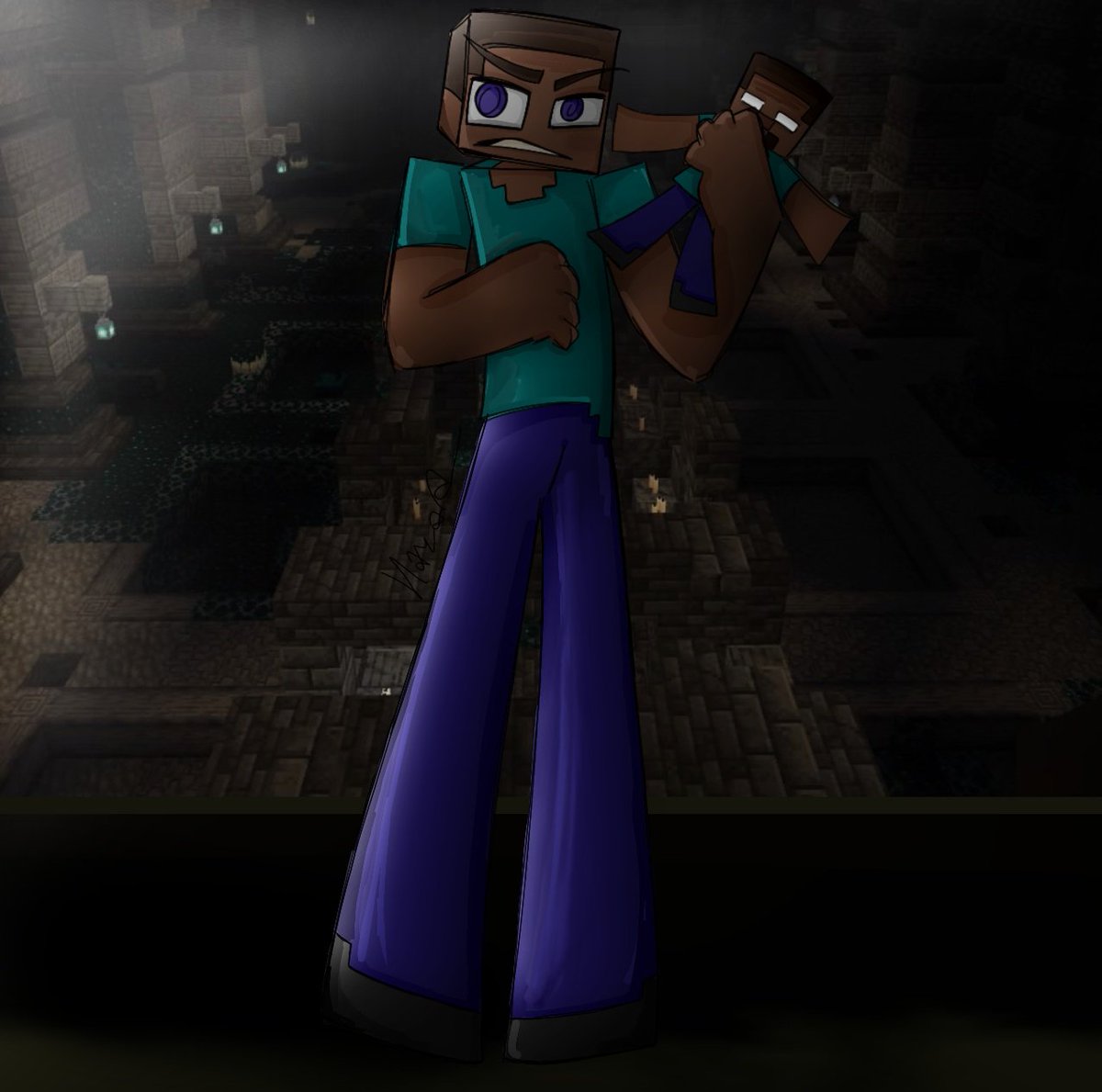 HazardKnight_'s tweet photo. i dont know how i feel abt the coloring... but the lineart is fineeee... (i also changed the original lineart cuz some parts were bothering me) #minecraft #art #minecraftart #minecraftsteve #deepdark (the pic in the bg is one i took myself) https://t.co/ZUXghLTmUZ