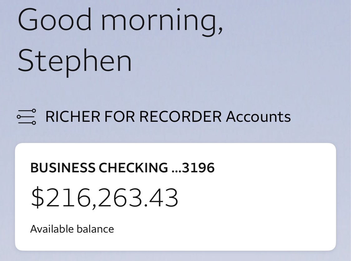 stephen_richer's tweet photo. Time for first county financial reports. 

216k cash on hand. 

And we’re actually just getting started. 

Ready to run this thing back.  

🔥🔥🔥 https://t.co/l7fTvkSB7L