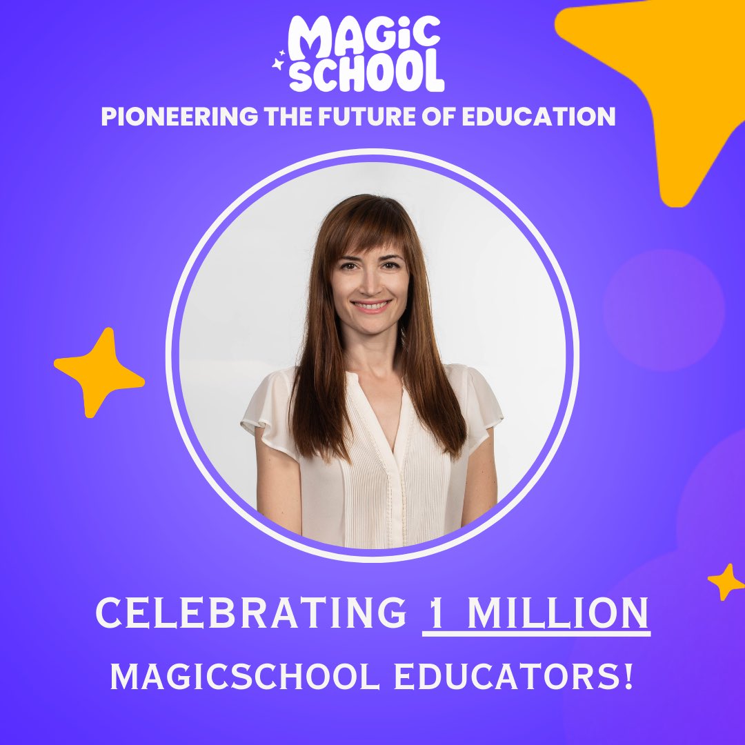 Tatianapopab's tweet photo. An educator who tried @magicschoolai once, will always use #MagicSchoolAI! 
We are celebrating the milestone of 1 million educators on the platform. Yay, congratulations!!!🎉🎉🎉👏🏻👏🏻👏🏻
#ArtificialInteligence #AI @HIS_Moldova @his_global #edtech https://t.co/cLZf1ipkpN
