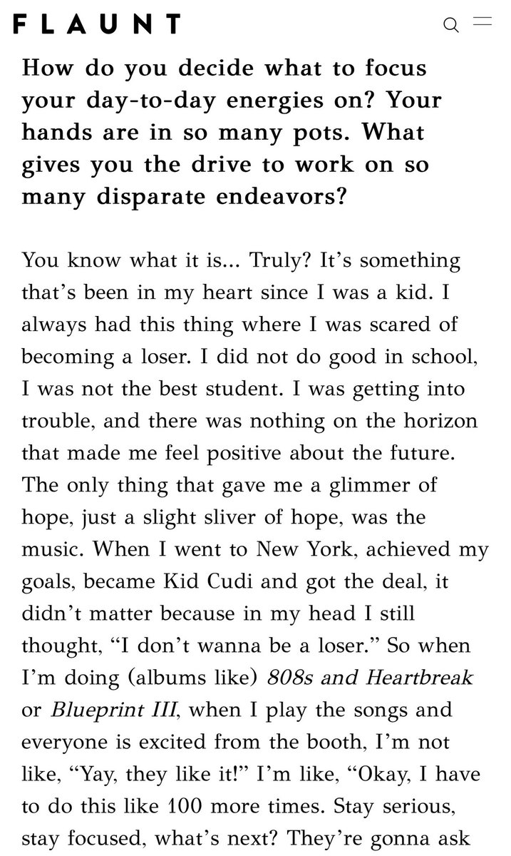KiDCuDi's tweet photo. FLAUNT COVER STORY ‼️

I want yall to read this.  I give the reason I go so hard and I think itll help make things clear for yall.  And inspire.  I wanna see whoelse relates. https://t.co/lBNPqILCVH