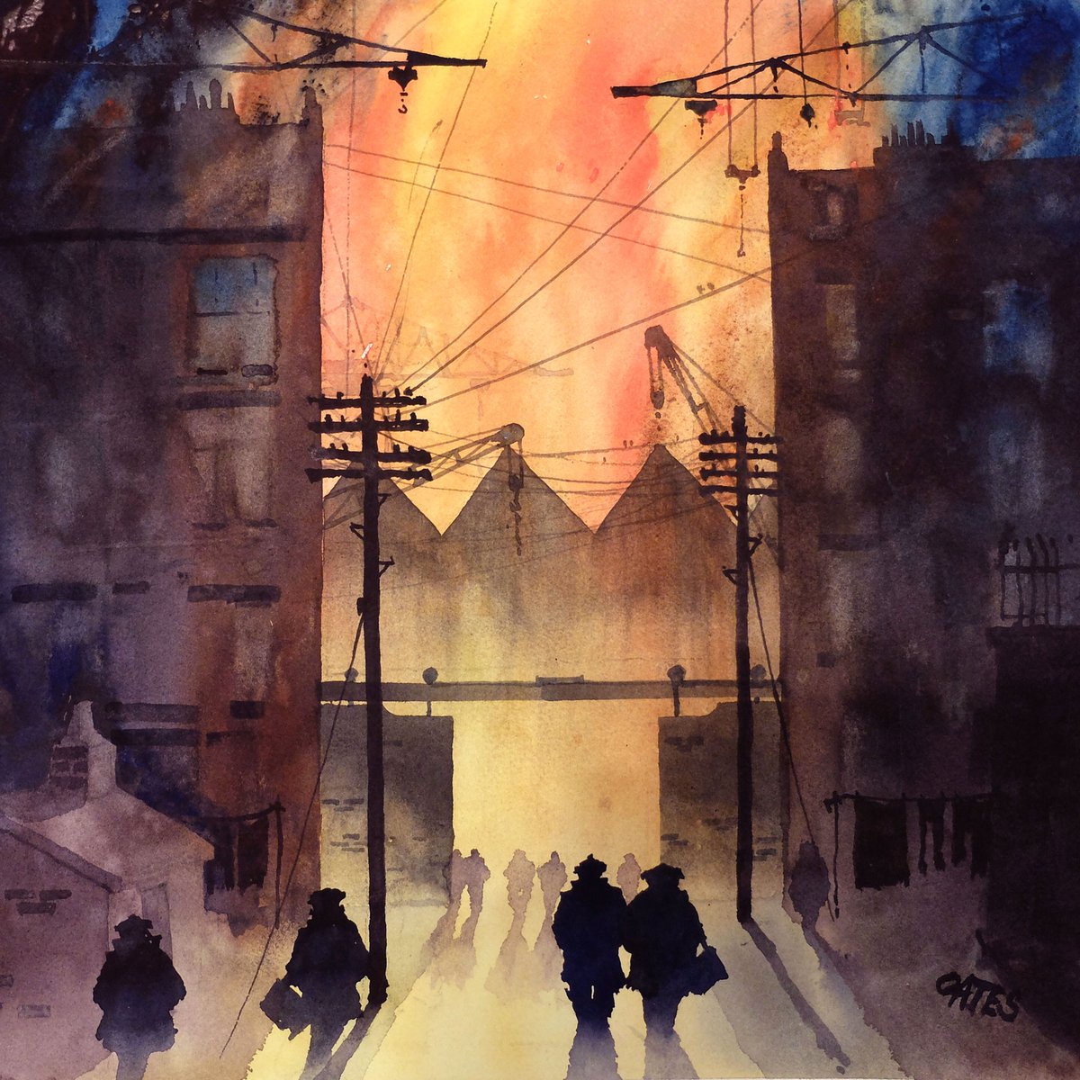 First painting of 2024, "The Early Shift" Watercolour 35x35 cm. Every one rushing back to work.... I will upload on to my website where I am having a studio sale of original paintings. If anything catches your eye then please get in touch martinoates.co.uk