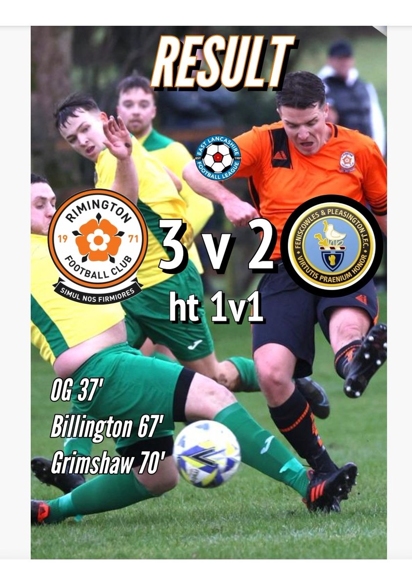 Rimyfc's tweet photo. Result @eastlancs_fl 
Premier

@Rimyfc
3🆚️2 (HT 1-1)
@FeniscowlesF

Goal
OG 37'
@james_billow 67'
Grimshaw 70'

MOM 🥇
@James_Tootle

👥 65

🗣
Great performance from the 🍊men, digging deep and coming from behind against @FeniscowlesF in what was good physical game of football https://t.co/EAiElgTzme