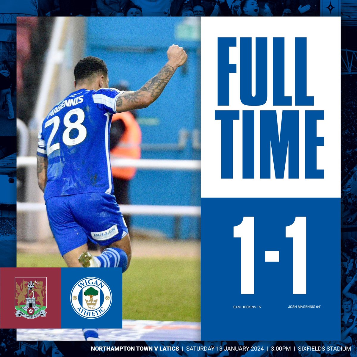 Termino una nueva fecha de League One,  Wigan se lleva un puntito inteligente de la complicada cancha de Northampton.

Sigue en racha goleadora Josh Magennis.