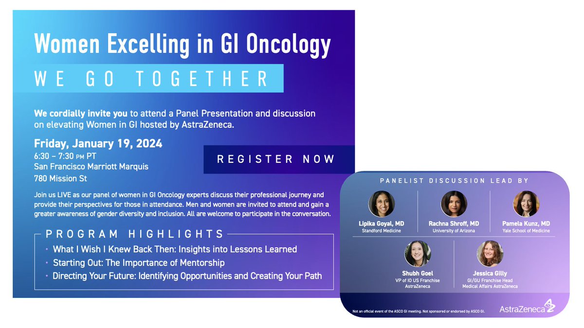 📢 If you're attending #GI24 and are a ♀️ in Onc, friend or ally, this is a must attend event! Women Excelling in GI Oncology WE GO TOGETHER Jan 19, 6:30pm To register, email joanne.moore1@astrazeneca.com