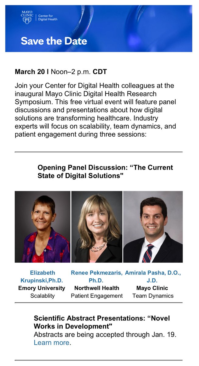 Demaerschalk's tweet photo. #SaveTheDate #StayTuned #Inaugural #DigitalHealth #Research #Symposium @MayoClinic #Scalability #PatientEngagement #Teamwork #ThreeThemes welcomes @EAKrup @reneepek @AmiralaPasha #OpeningPanel on MARCH 20, 2024 https://t.co/We8Mcrc1rA